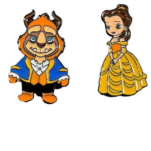 Beauty Beast Lapel Pin Disney Inspired Yellow Gown Blue Suit Brooch Badge Pin - Picture 1 of 11